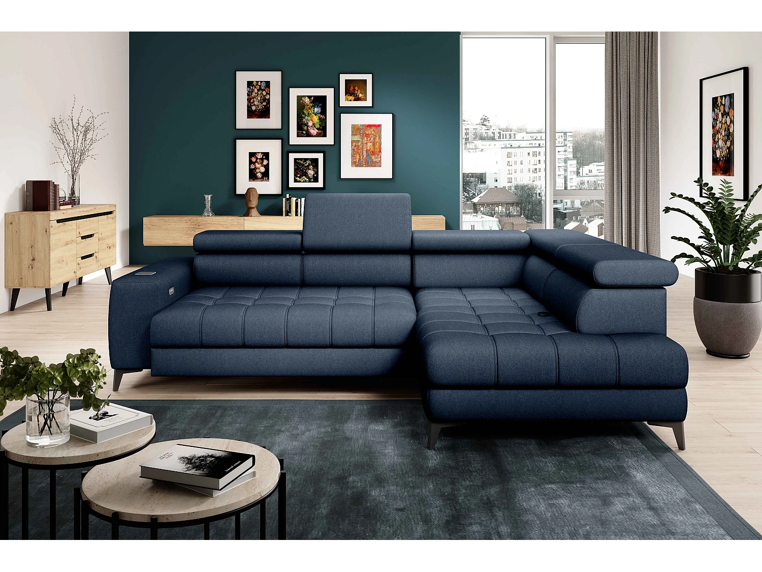 BAGGIO narożnik 280×196 z funkcją spania, pojemnikiem, regulacją siedziska, zagłówkami, tkanina Letto, prawa strona, granatowy 4047323