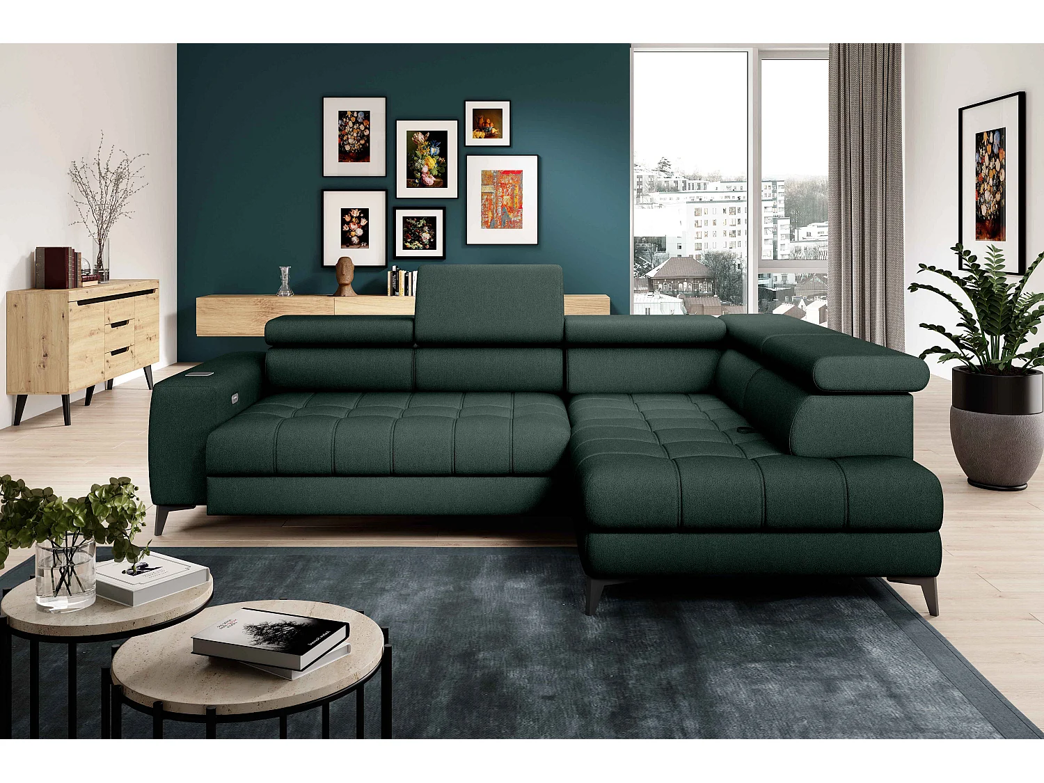 BAGGIO narożnik 280×196 z funkcją spania, pojemnikiem, regulacją siedziska, zagłówkami, tkanina Letto, prawa strona, ciemnozielony 4047324