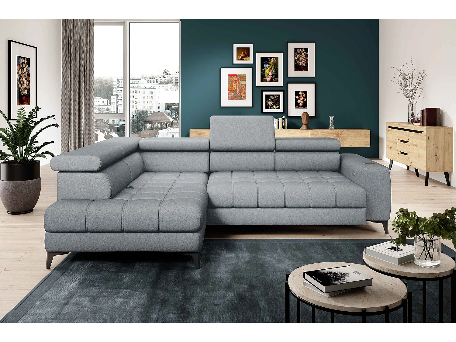 BAGGIO narożnik 280×196 z funkcją spania, pojemnikiem, regulacją siedziska, zagłówkami, tkanina Letto, lewa strona, jasnoszary 4047326