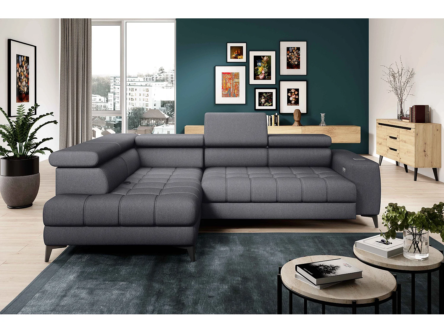 BAGGIO narożnik 280×196 z funkcją spania, pojemnikiem, regulacją siedziska, zagłówkami, tkanina Letto, lewa strona, ciemnoszary 4047325
