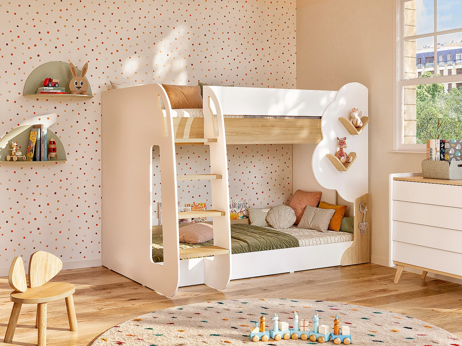 Łóżko piętrowe 2 x 90 x 190 cm – Biały i Naturalny – PILATI 1636099