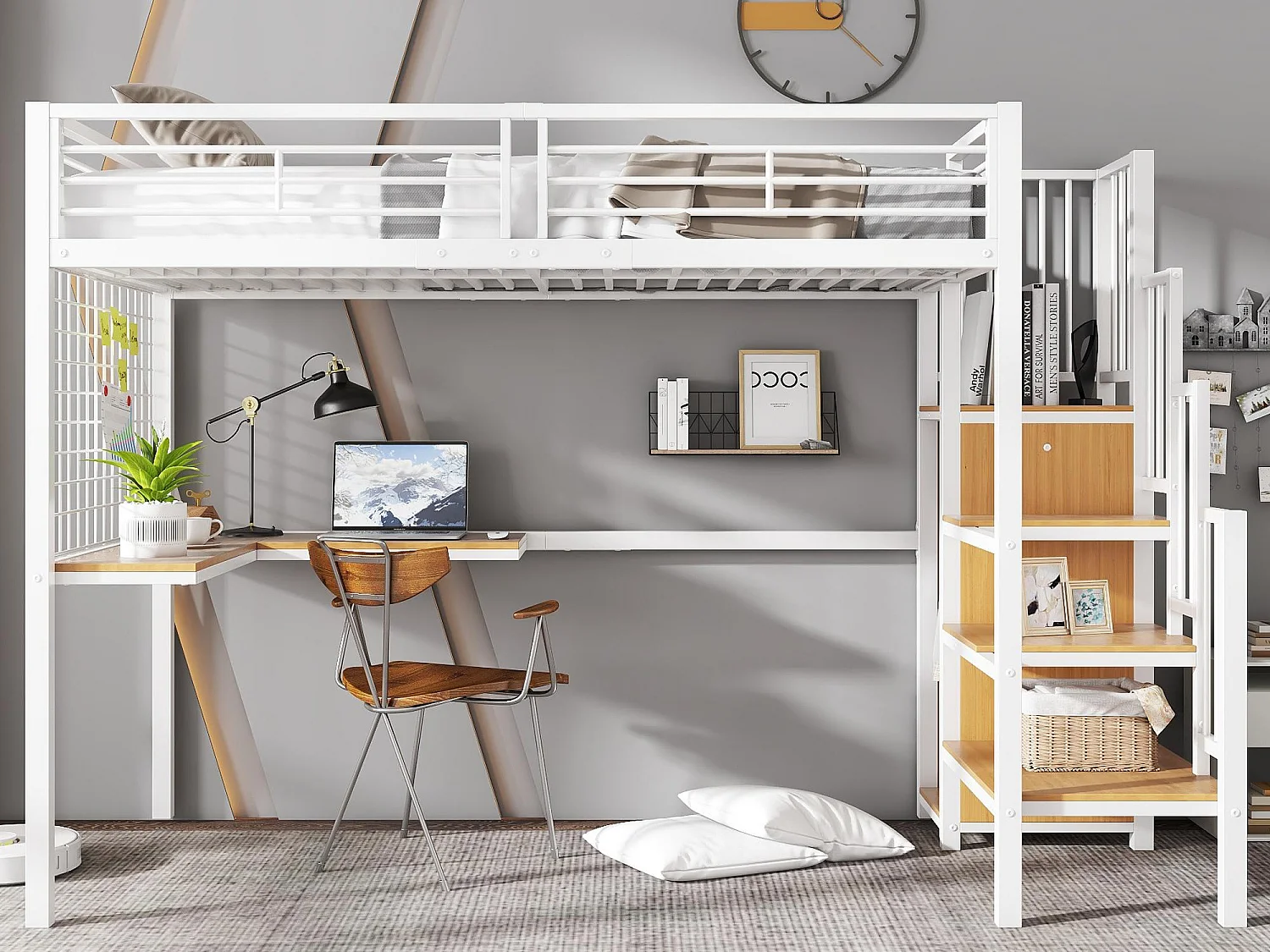 Łóżko mezzanine 90 x 200 cm - z biurkiem - z otwartą szafą - drabinka bezpieczeństwa 4 stopnie - metal + płyty wiórowe - białe (bez materaca) 4064531 - obrazek 1