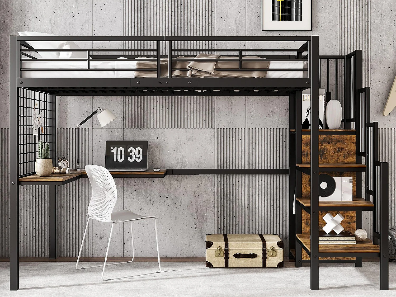 Łóżko mezzanine 90 x 200 cm - z biurkiem - z otwartą szafą - drabinka bezpieczeństwa 4 stopnie - metal + płyty wiórowe - czarne (bez materaca) 4064532 - obrazek 1