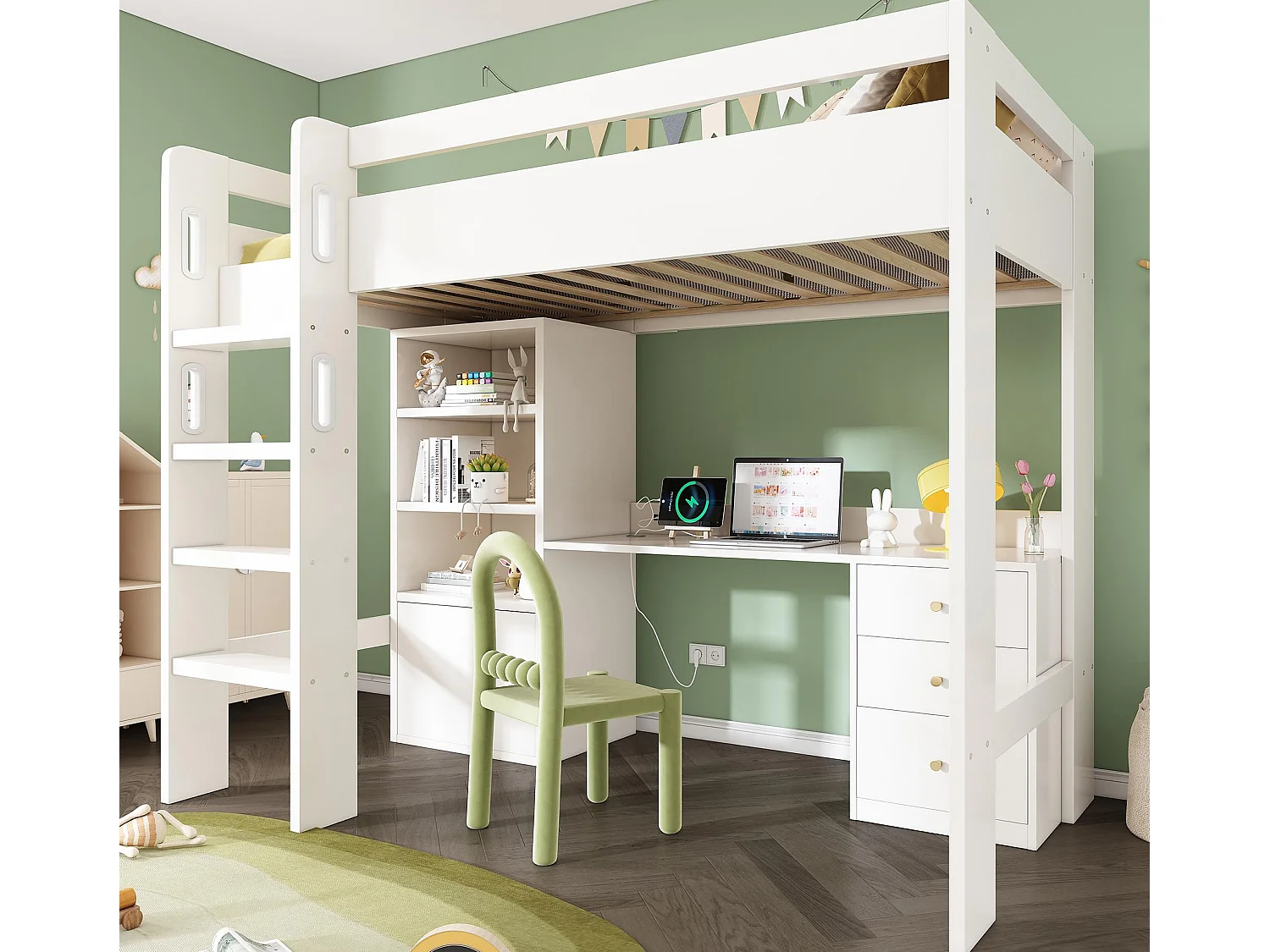 Łóżko mezzanine 90x200 cm - z drabinką bezpieczeństwa 4 stopnie - z biurkiem - z półką - z barierkami bezpieczeństwa - białe (bez materaca) 4066998 - obrazek 1