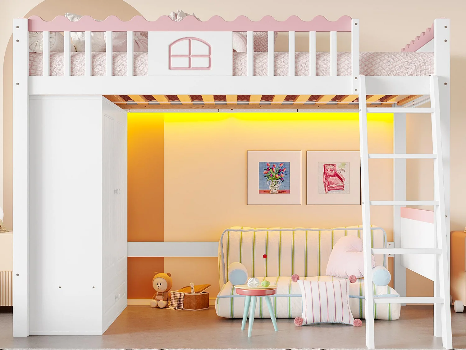 Łóżko mezzanine pojedyncze 90 x 200 cm - Łóżko dziecięce - Z oświetleniem LED - Z szafą - Z szufladą na przechowywanie - Białe (bez materaca) 4067000 - obrazek 1