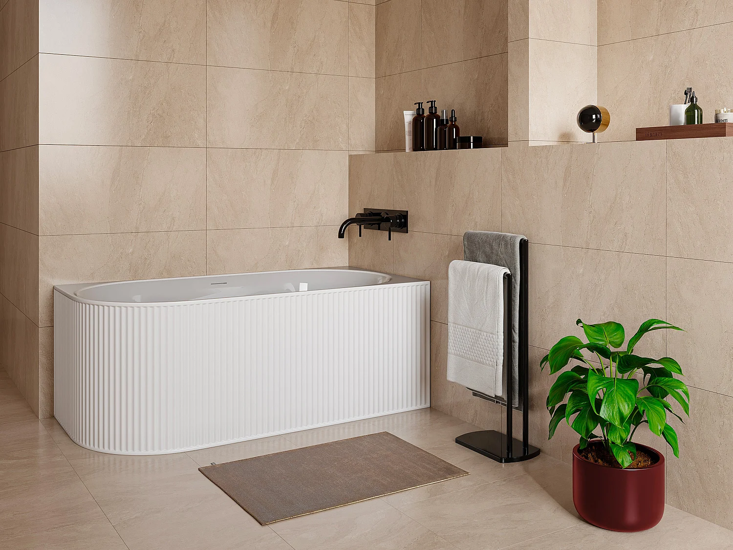 Wanna narożna ryflowana - 240 l - 170 x 80 x 60 cm - Biały mat - Akryl - Prawostronna - BARBORI 3177336 - obrazek 1