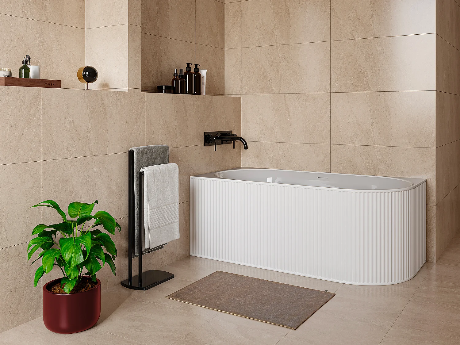 Wanna narożna ryflowana – 200 l – 150 x 75 x 58 cm – Biały mat – Akryl – Lewostronna – BARBORI 3180880