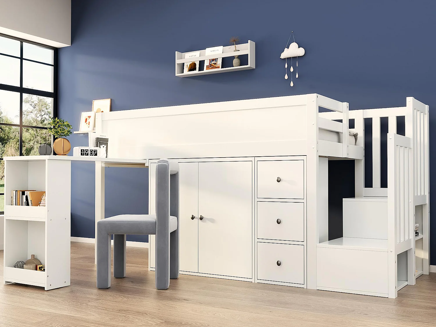Łóżko mezzanine dla dzieci 90x200cm - z biurkiem wysuwanym + bocznym schowkiem - z szafą - z 3 szufladami - z 2 drzwiami - ze schodami - Białe (bez materaca) 3979995 - obrazek 1