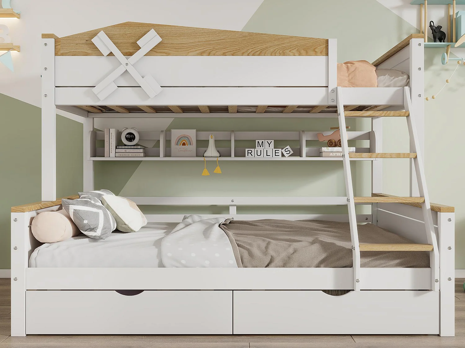 Łóżko piętrowe 90x200cm i 140x200cm – z drabinką, półkami i 2 szufladami – z drewna sosnowego i MDF – Białe 3234699
