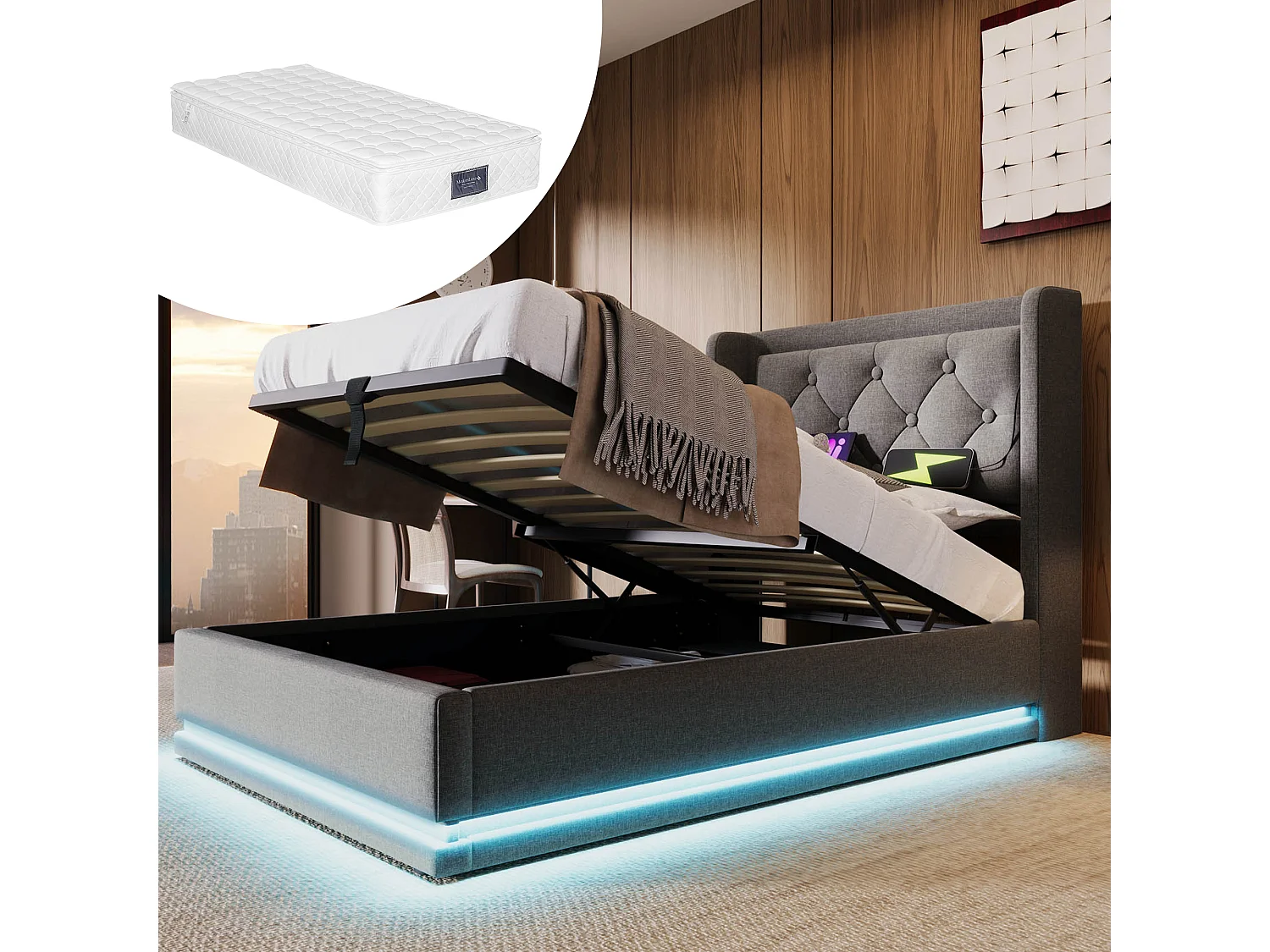 Łóżko dziecięce z pojemnikiem na pościel – 90 x 200 cm – Materac + Leds + Zagłówek z USB – Tkanina bawełniana – Szary 4080335