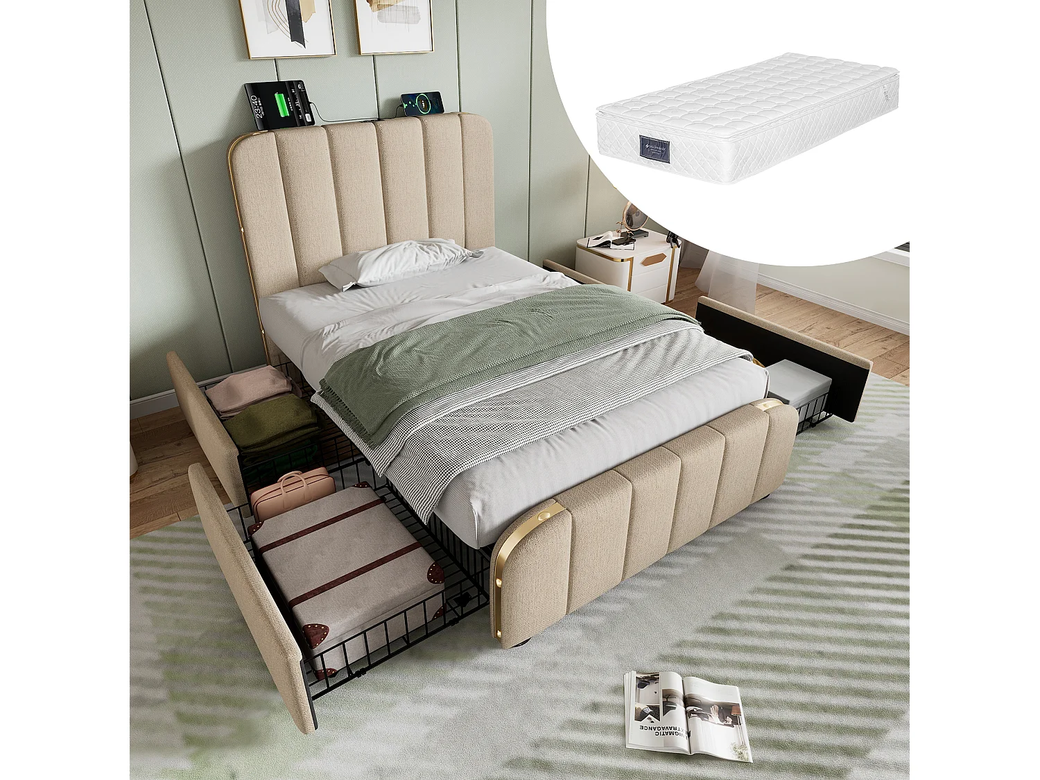 Łóżko dziecięce z pojemnikiem na pościel - 90 x 200 cm - Materac + 4 szuflady + Zagłówek z USB - Tkanina lniana - Beżowy 4080356 - obrazek 1