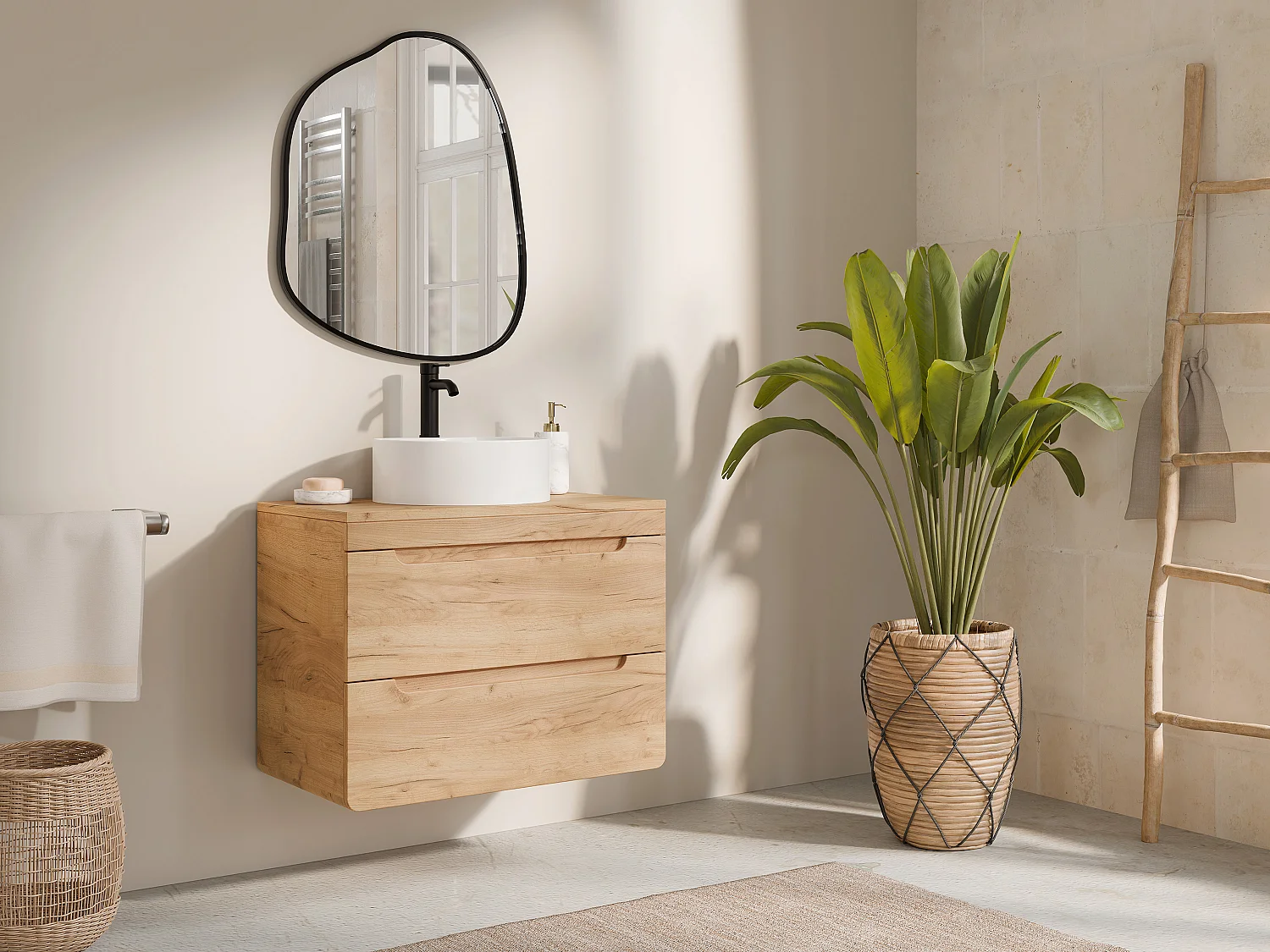Szafka pod umywalkę wisząca z blatem - 80 cm - Naturalny jasny - ARUBA 4083899 - obrazek 1