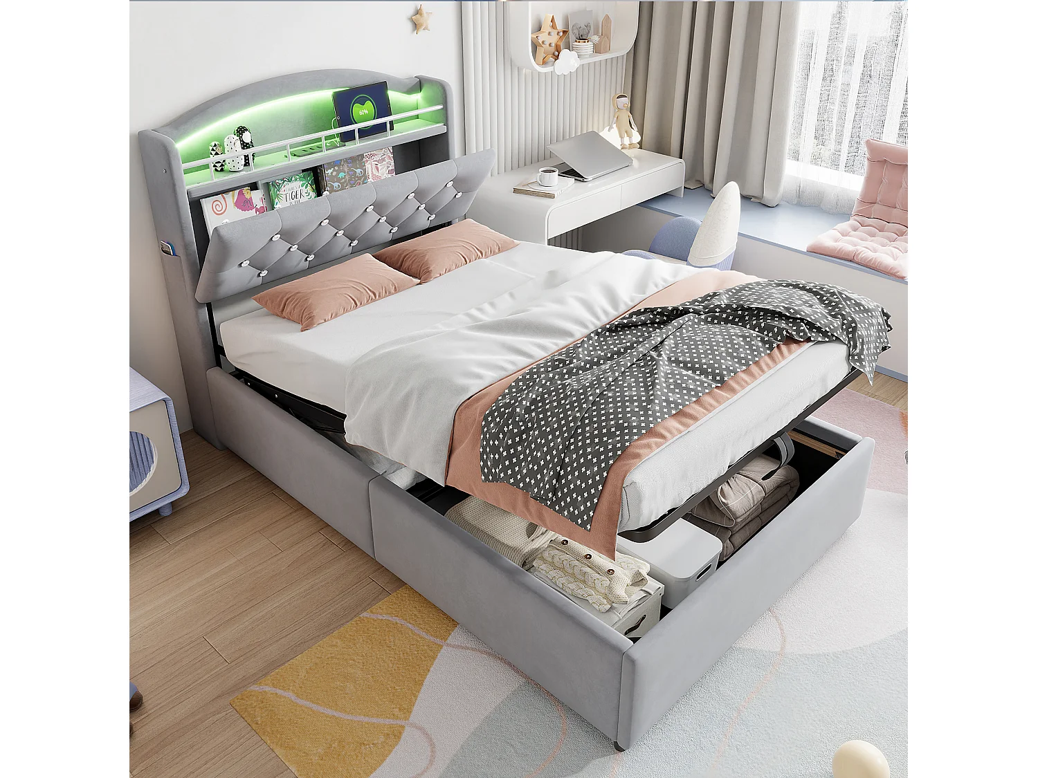 Łóżko dziecięce z pojemnikiem na pościel - 90 x 200 cm - LED + Zagłówek z USB - Aksamit - szary 4088871 - obrazek 1