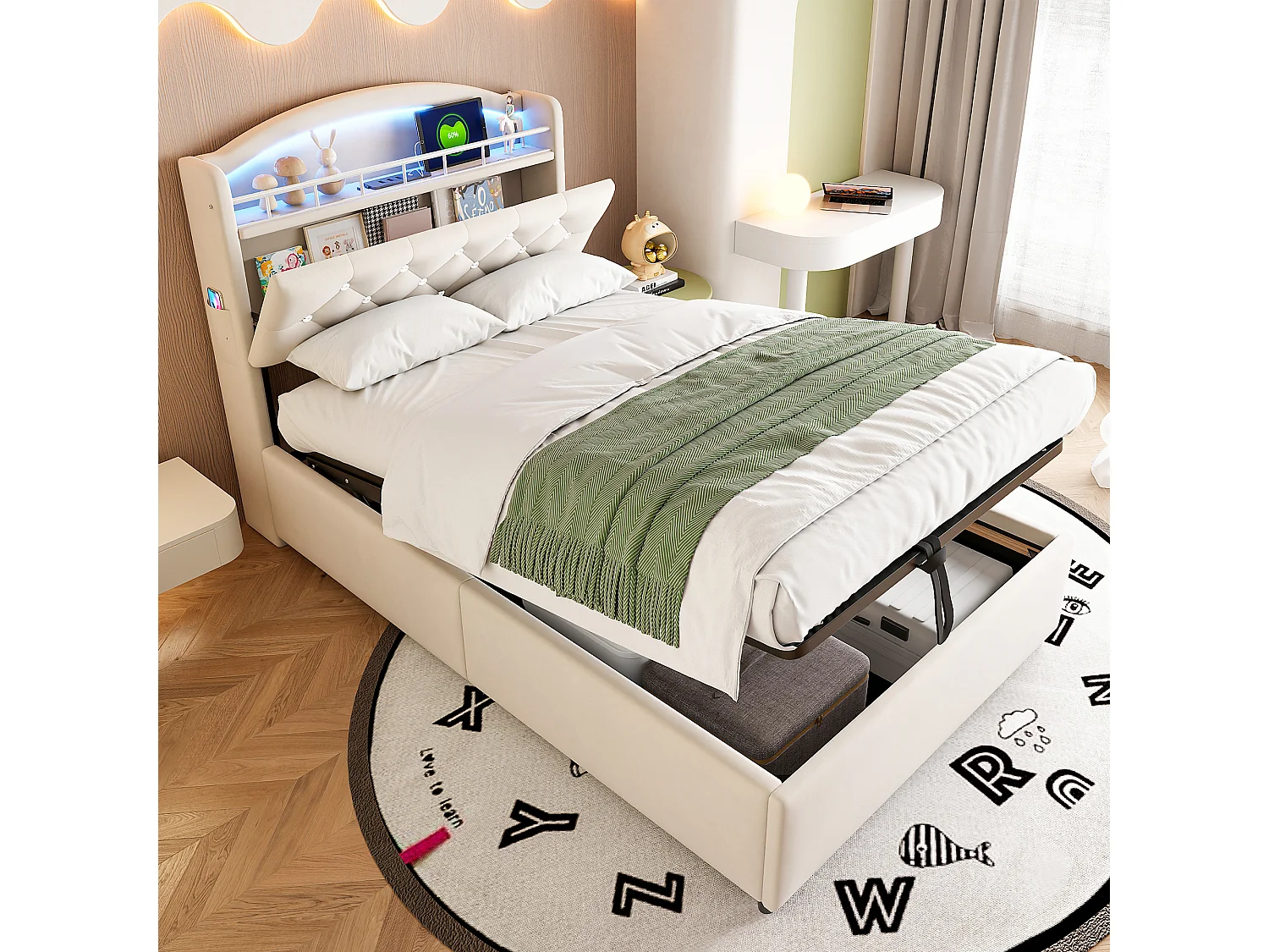 Łóżko dziecięce z pojemnikiem na pościel - 90 x 200 cm - LED + Zagłówek z USB - Aksamit - beż 4088910 - obrazek 1