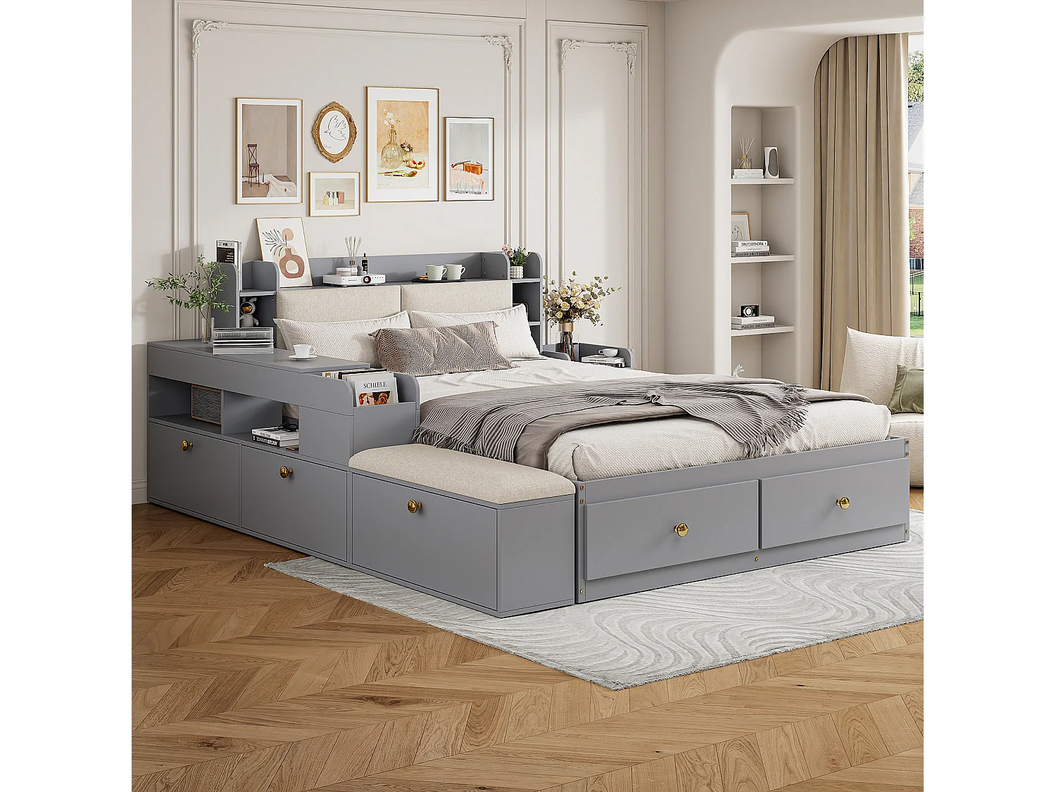 Łóżko kombinowane – 140 x 200 cm – Zagłówek + szuflady – ława-sofa – stolik nocny – drewno sosnowe + sklejka + MDF – Szary 4088924