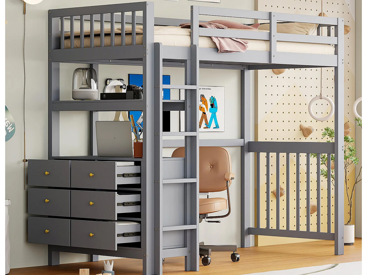 Łóżko mezzanine 90x200cm - z drabiną - z 6 szufladami - z półkami - design z wysokim szyną - stelaż na listwy - drewno lite - szare (materac nie wchodzi w skład) 3980002 - obrazek 1