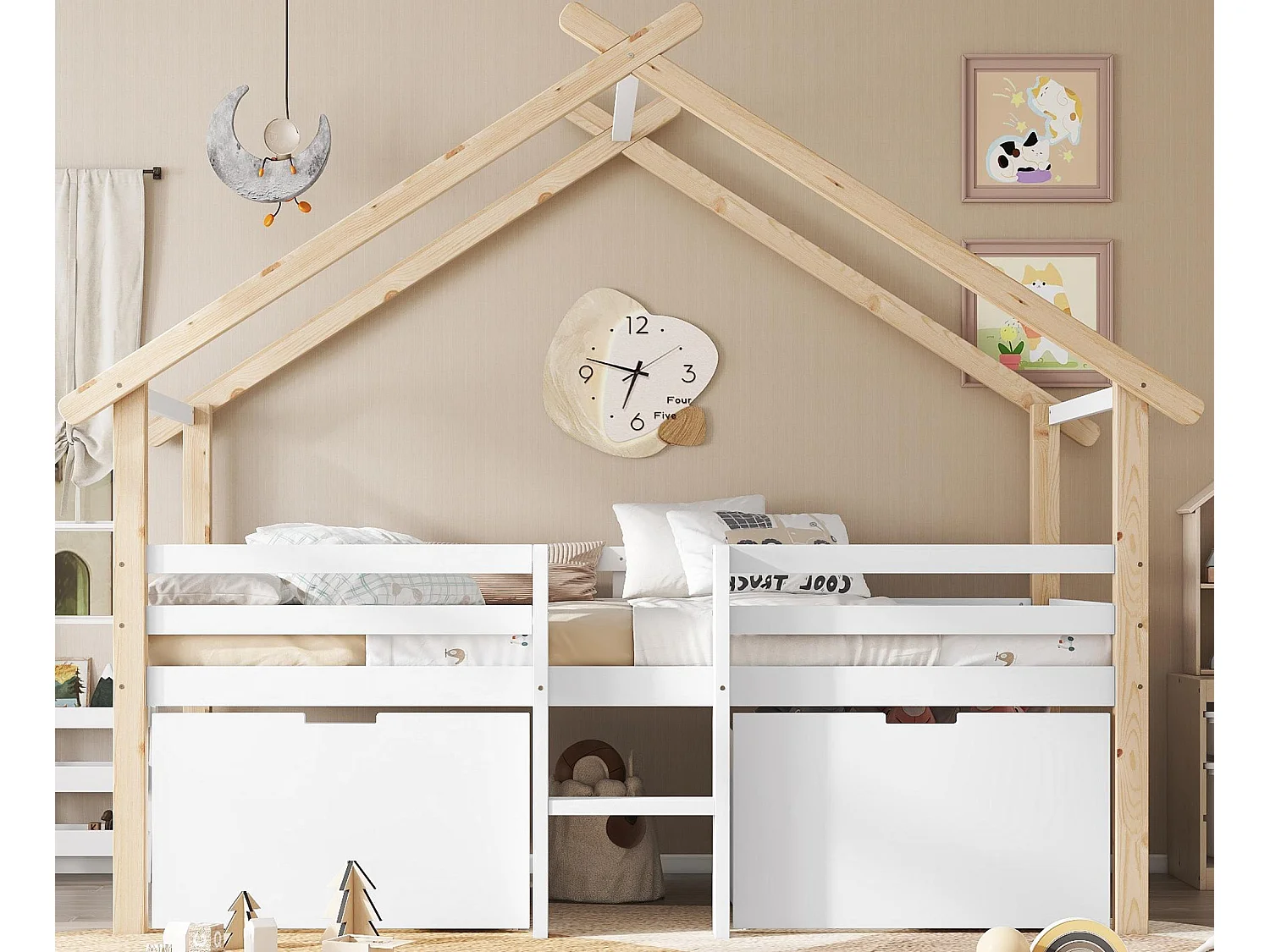 Łóżko mezzanine drewniane 90x200cm - z 2 szufladami do przechowywania - drewno lite + MDF - Białe + Naturalne 4029695 - obrazek 1