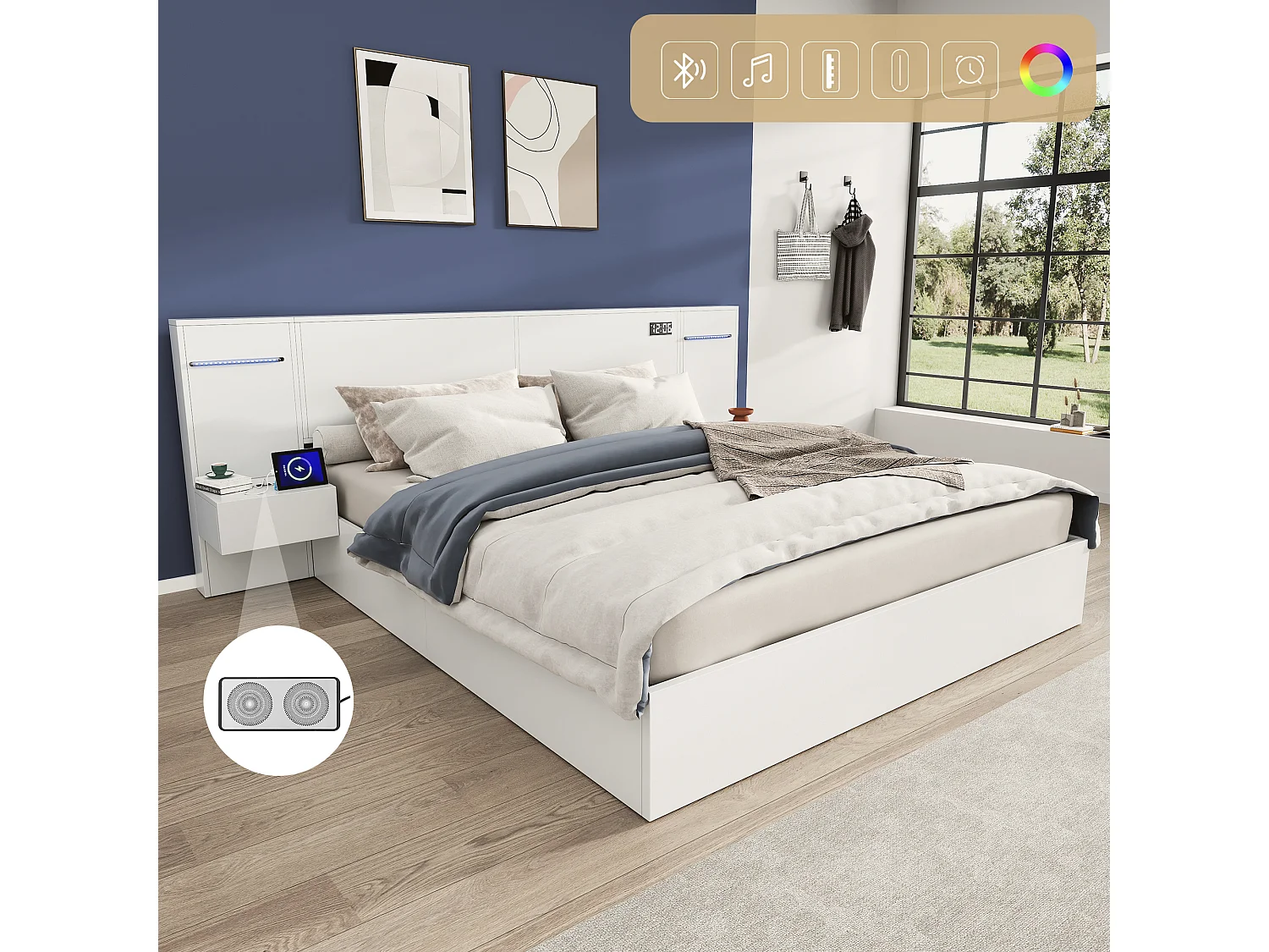 Łóżko dwuosobowe - 180 x 200 cm - z głośnikiem Bluetooth + portem USB + diodami LED + 2 szafki nocne - MDF - białe 4098944 - obrazek 1