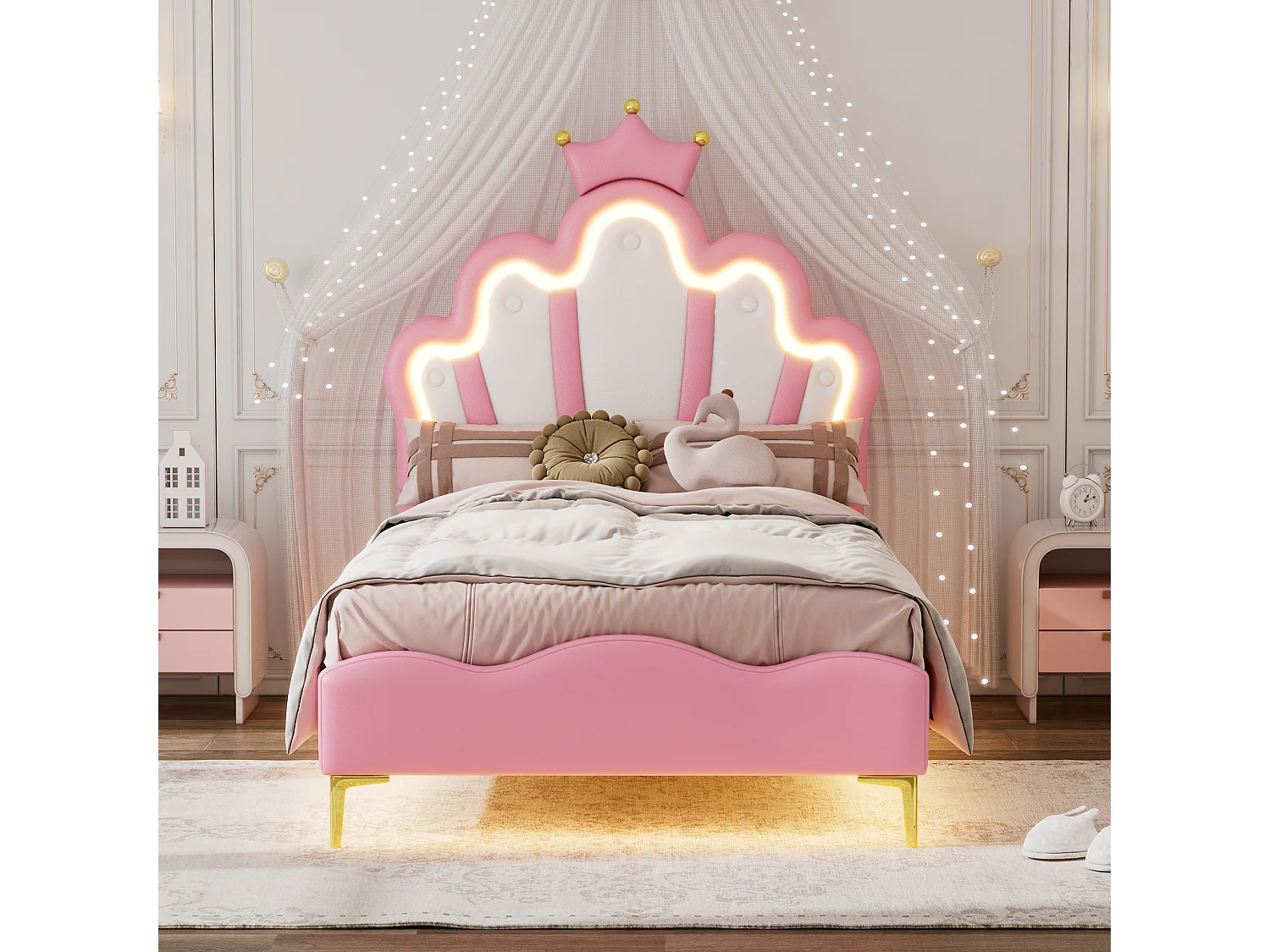 Łóżko dziecięce w kształcie księżniczki - 90 x 200 cm - z regulowanymi diodami LED - w miękkiej skórze PU - różowe 4098945 - obrazek 1