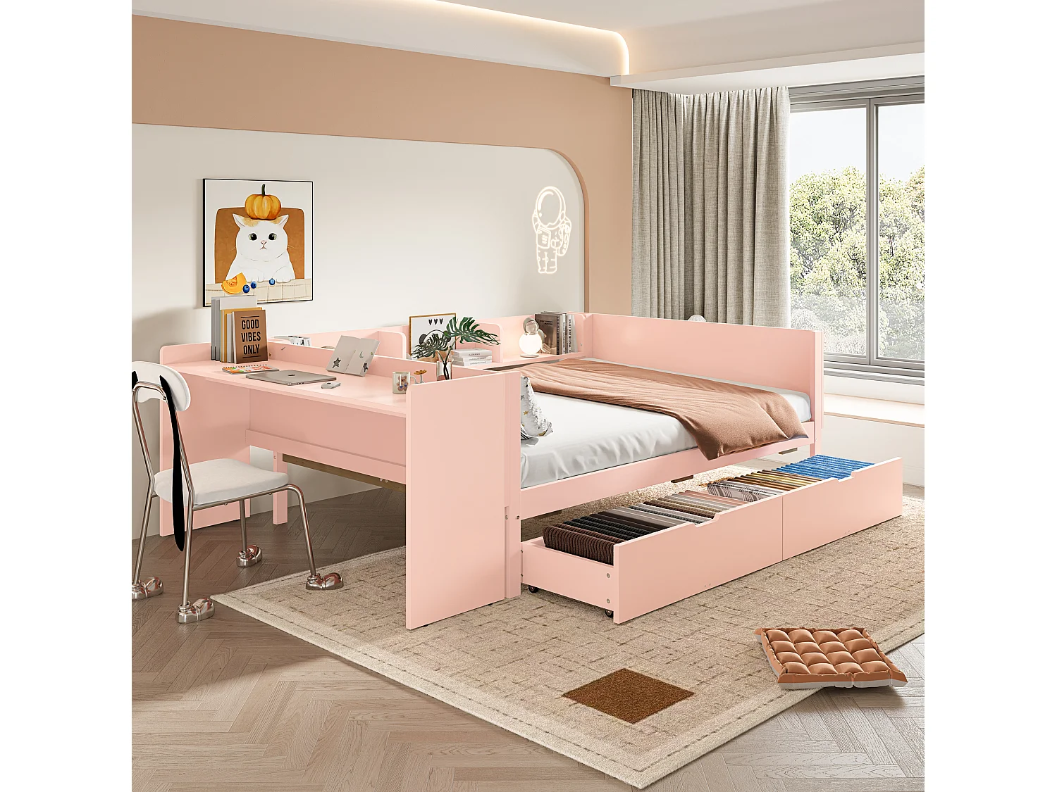 łóżko dwuosobowe ze schowkiem - 140 x 200 cm - 2 szuflady + biurko - bez materaca - sosna + płyta wiórowa - różowe 4098972 - obrazek 1