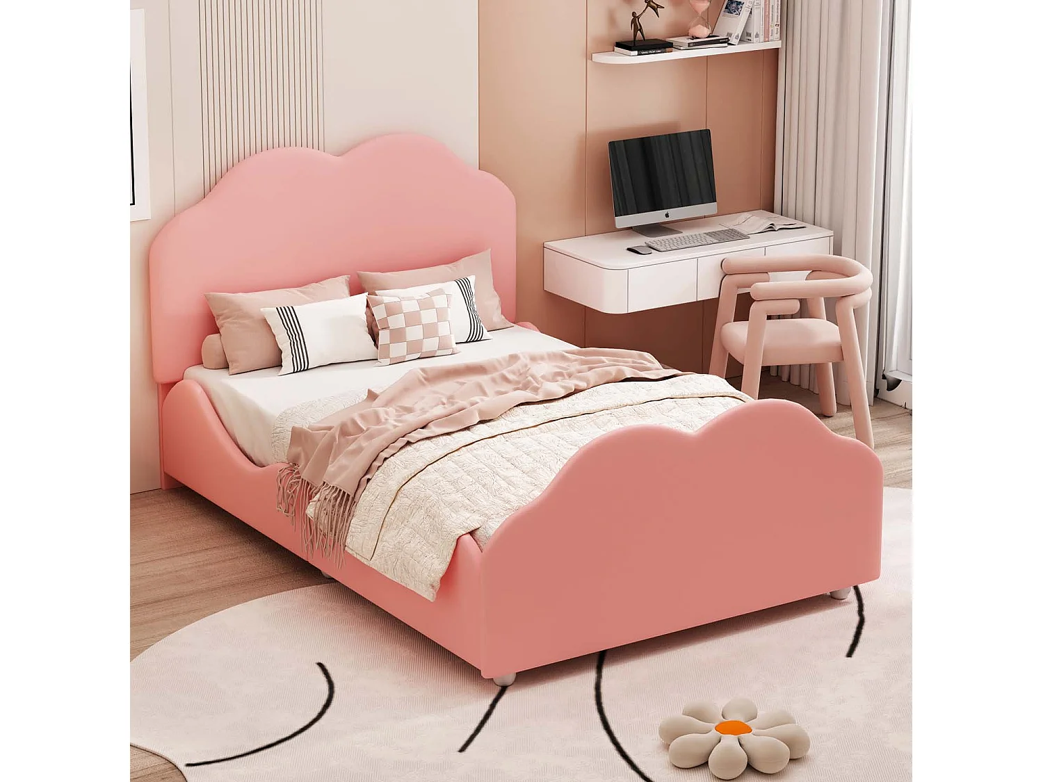 Łóżko dziecięce tapicerowane welurem - 90x200cm - z wezgłowiem w kształcie chmurki + stelaż na listwy - Różowe 1399321 - obrazek 1