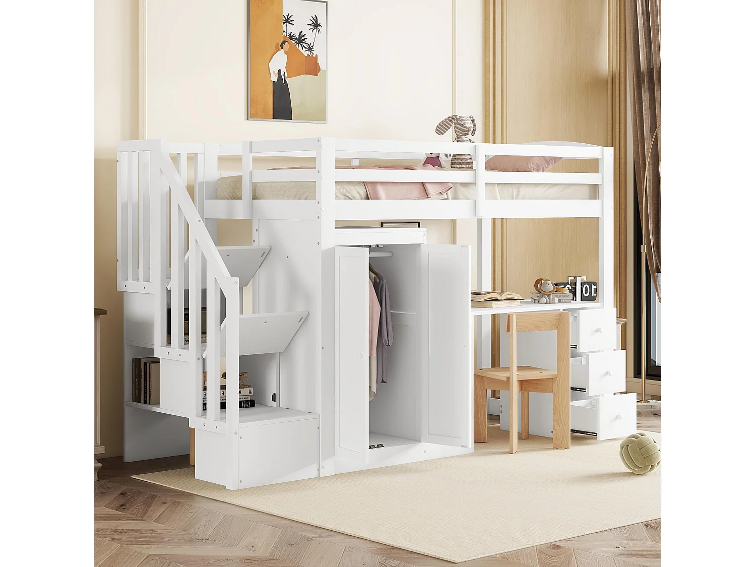 Łóżko piętrowe - 90 x 200 cm - z szafą + biurkiem + szufladami i miejscem na wieszaki - drewno sosnowe + płyta MDF - białe (bez materaca) 3508896 - obrazek 1