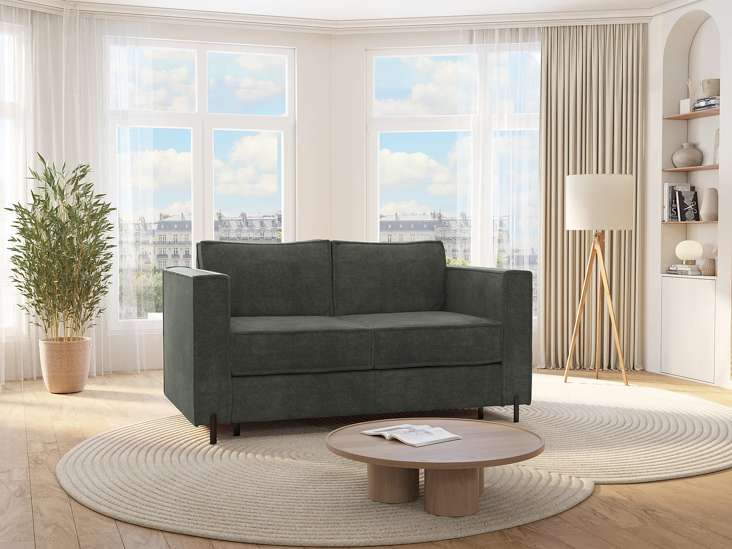 Kanapa 3-osobowa rozkładana typu express z zieloną teksturowaną tapicerką - Miejsce do spania 140 cm - Materac 14 cm - ELORYA 3881210 - obrazek 1