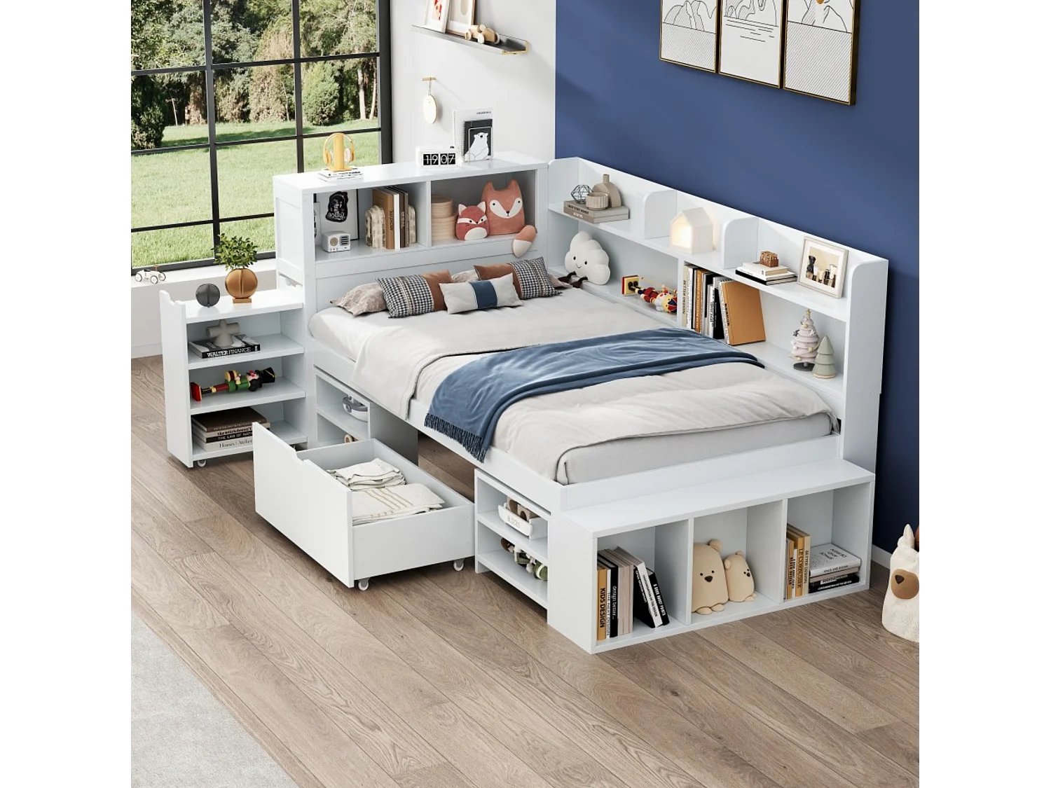 Łóżko dziecięce 90 x 200 cm z szufladami, regałem i schowkiem - drewno MDF - białe (bez materaca) 3453553 - obrazek 1