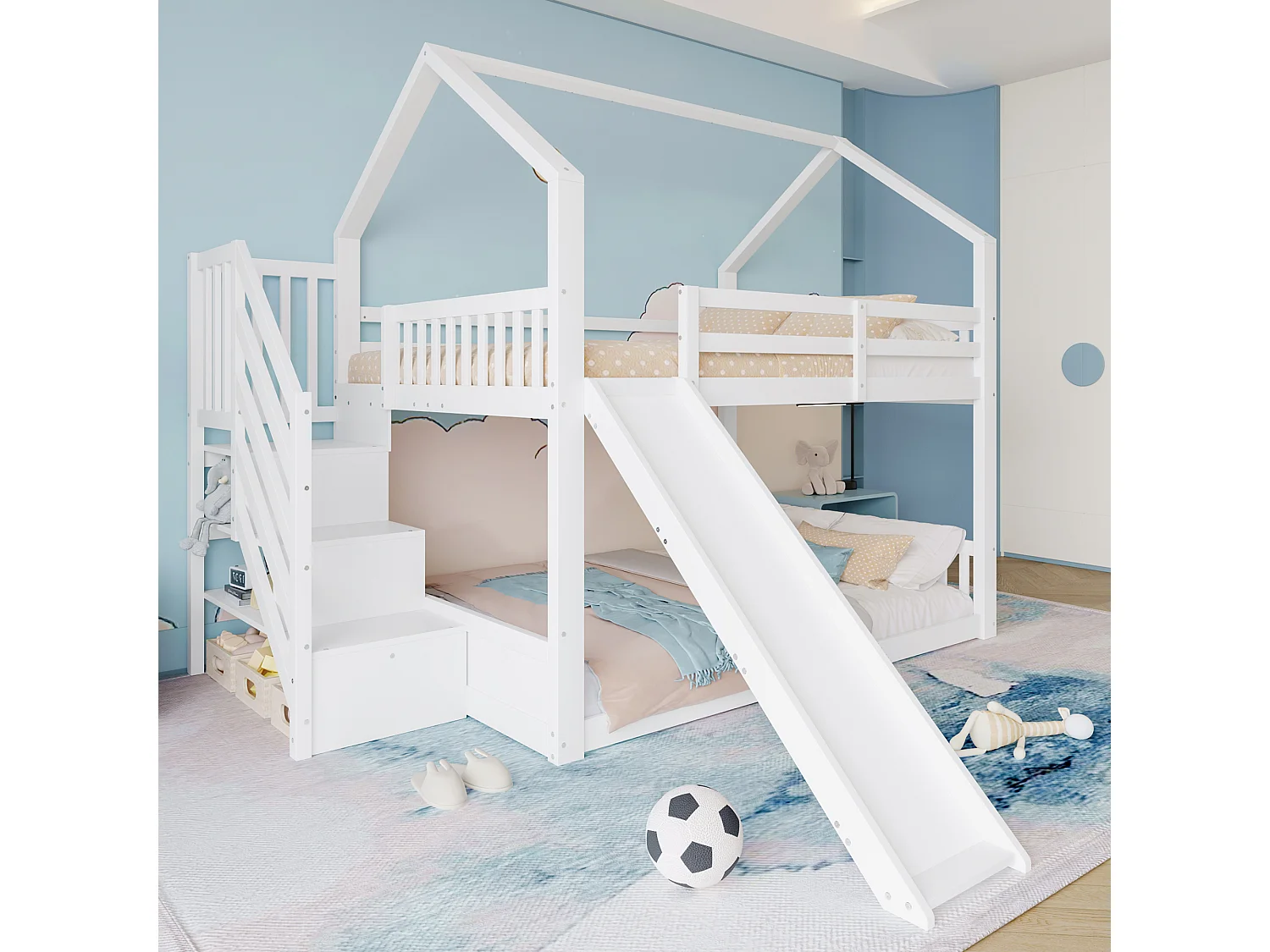 Łóżko piętrowe Cabin 140 x 200 cm ze schodkami do przechowywania i zjeżdżalnią, drewno sosnowe i płyta MDF, kolor biały 2123951 - obrazek 1