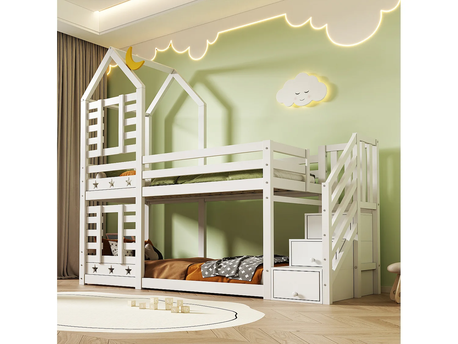 Łóżko piętrowe 2 x 90 x 200 cm z 3 szufladami i schodkami – lite drewno i płyta MDF – 2 x stelaż – białe 3402637