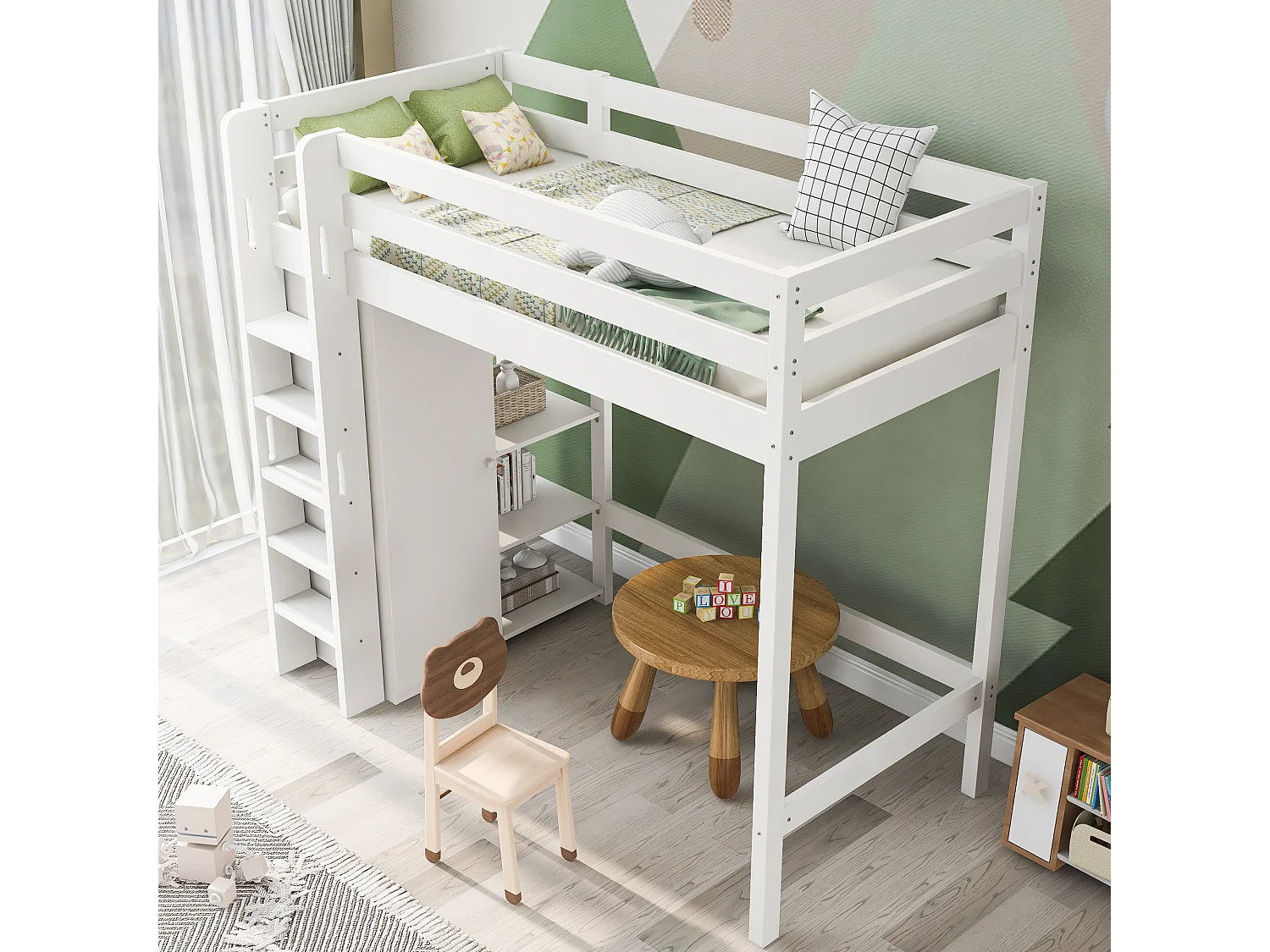 Łóżko piętrowe 90 x 200 cm z szafą i 6 półkami - lite drewno + MDF - białe 3039974 - obrazek 1