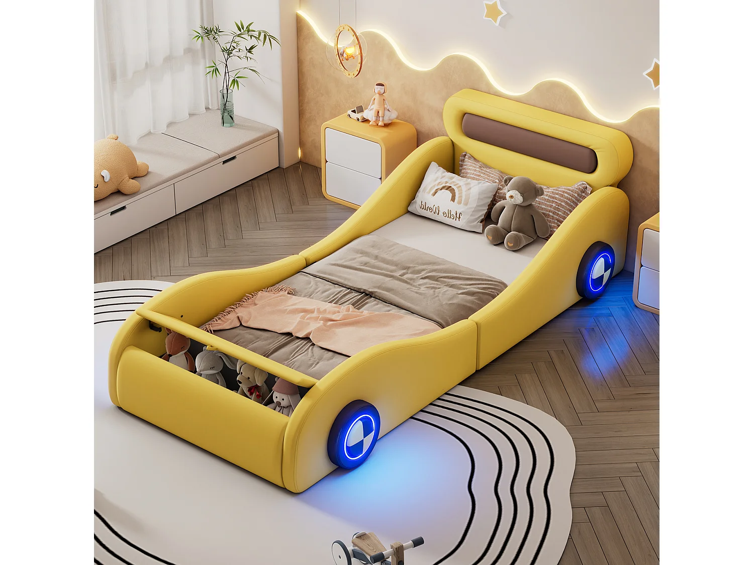 Łóżko dziecięce 90 x 200 cm, łóżko samochodowe tapicerowane skórą syntetyczną, z podświetlanymi kółkami, żółte 2123971 - obrazek 1