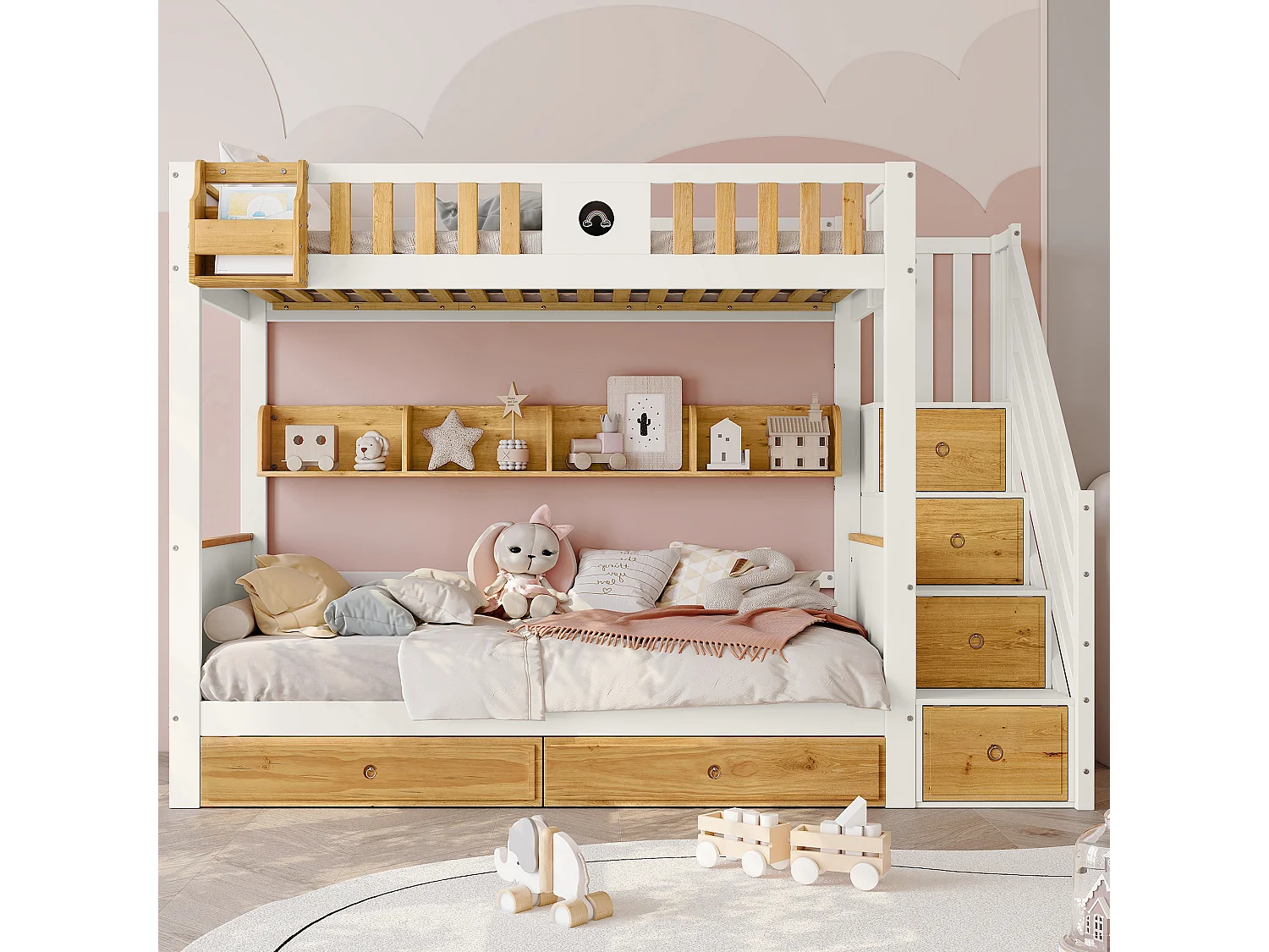 Łóżko piętrowe dla dzieci - 2 x 90 x 200 - 2 szuflady + 4 schowki w schodach - sosna i MDF - białe 4134097 - obrazek 1