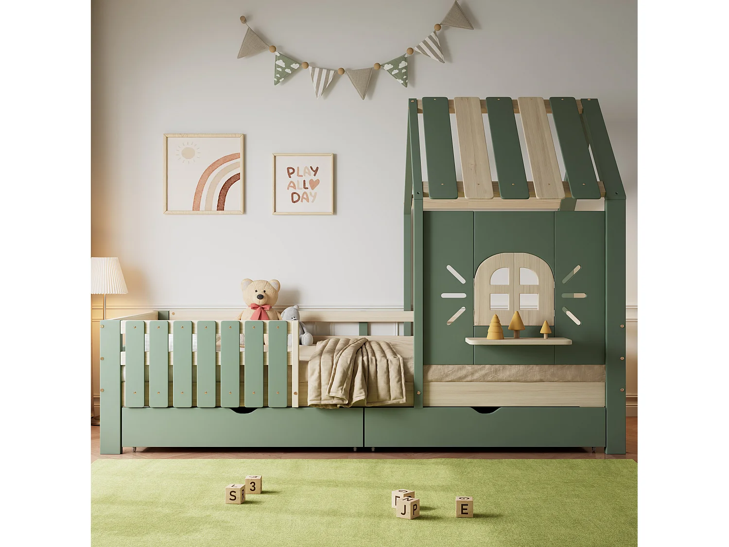 Łóżko dziecięce kabinowe - 90 x 200 cm - z dachem i oknem - 2 szuflady - sosna + MDF - zielone 4134092 - obrazek 1