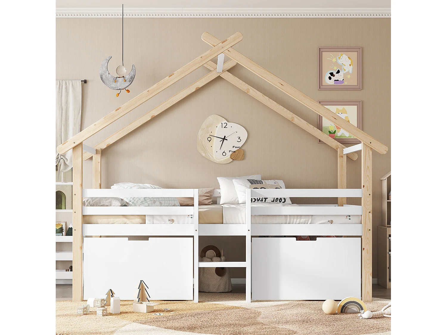 Łóżko dziecięce kabinowe średniej wysokości – 90 x 200 cm – z dachem i schodami – 2 schowki na kółkach – sosna + MDF – białe 4134106