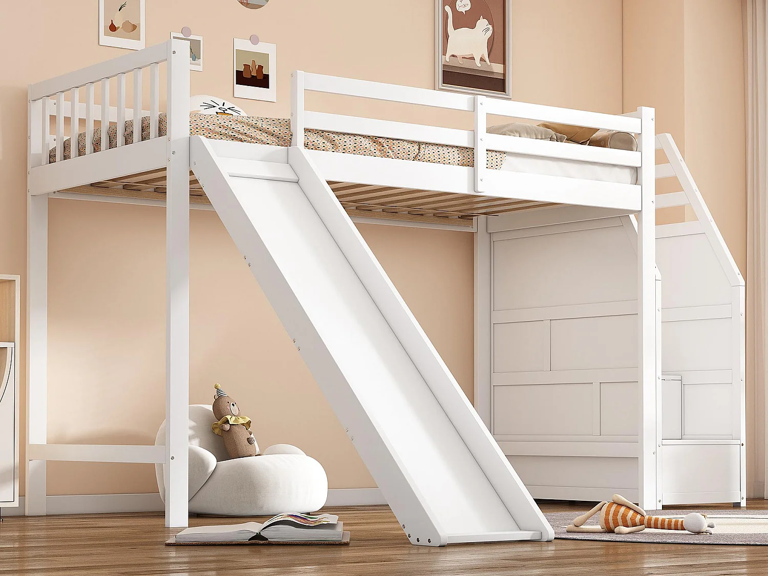 Łóżko mezzanine 90x200cm z drewna sosnowego - z zjeżdżalnią i drabiną do przechowywania - Białe 3098090 - obrazek 1