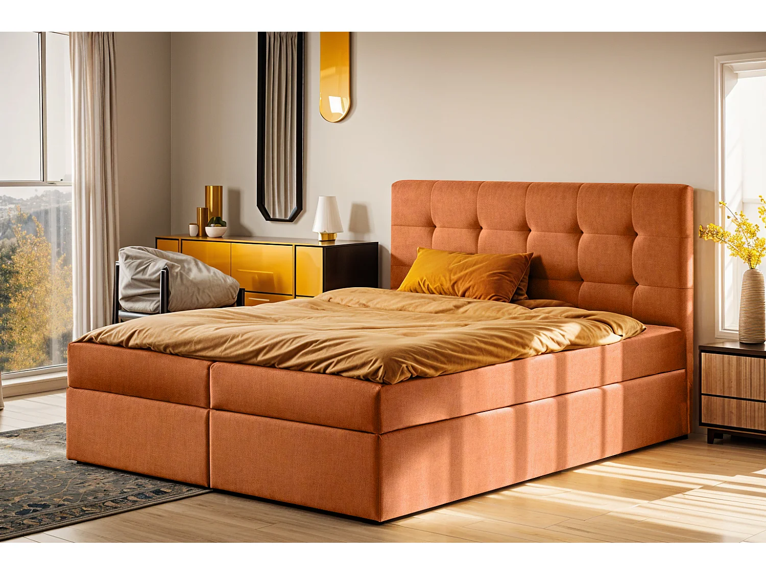 Łóżko kontynentalne z materacem i pojemnikiem LUDANO, tkanina Noel, Pomarańczowy, 140x200 cm, H2-Pocket 4145145 - obrazek 1