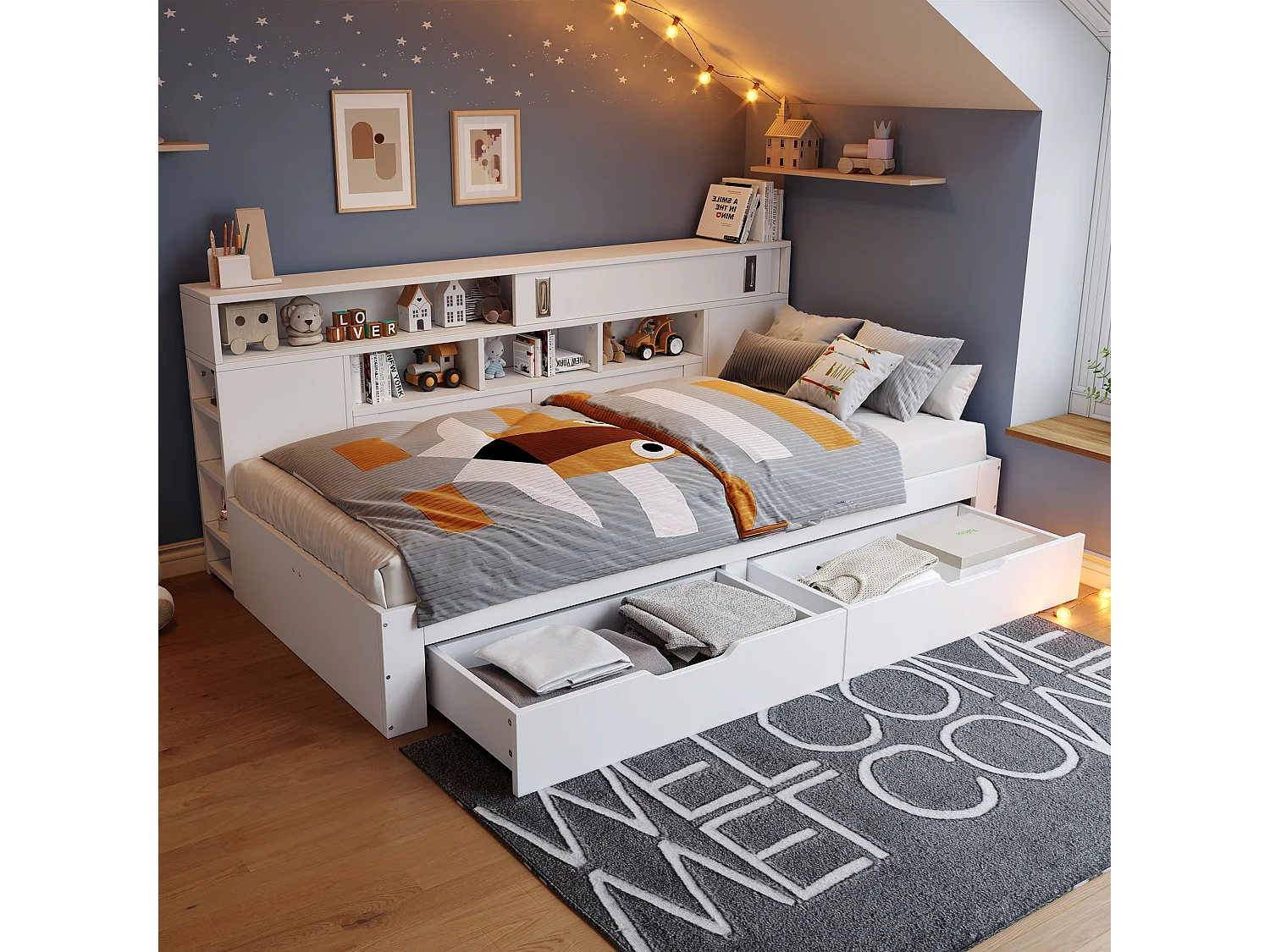 Łóżko dziecięce - 90 x 200 cm - z 2 szufladami + regał + szafka - MDF - białe 4152813 - obrazek 1