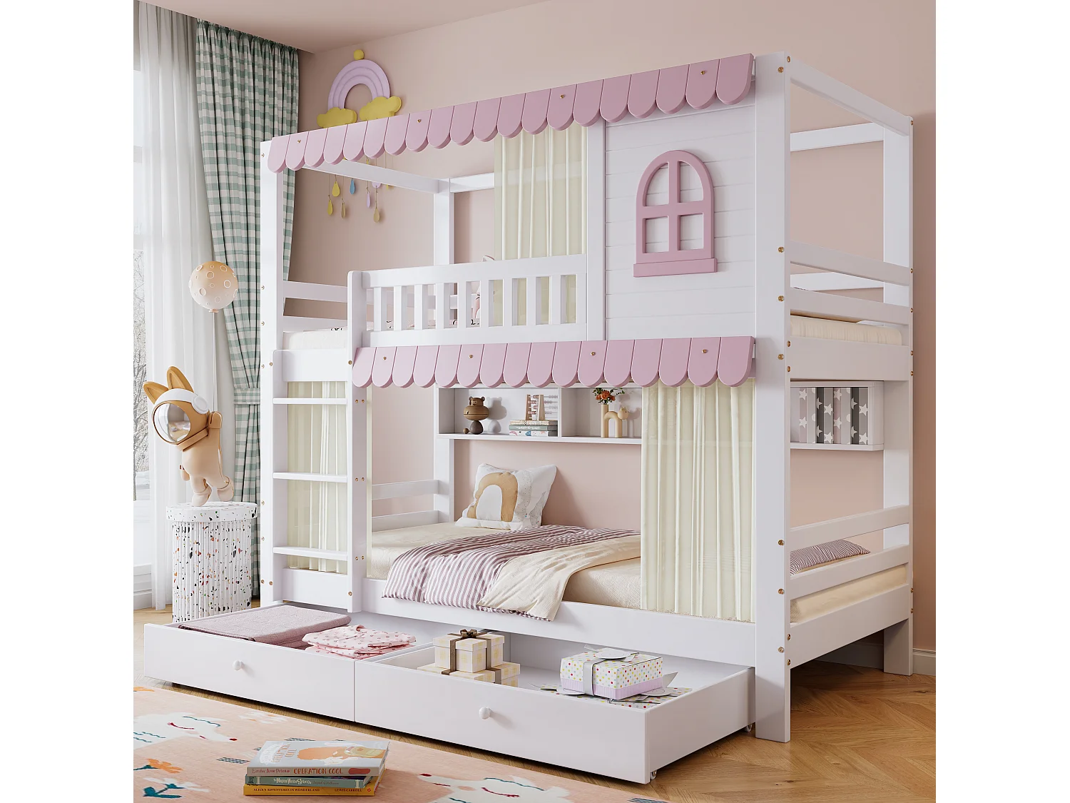 Łóżko piętrowe dla dzieci - 2 x 90 x 200 cm - z oknami + zasłony + otwarta półka + 2 szuflady - sosna + MDF - różowe 4153311 - obrazek 1