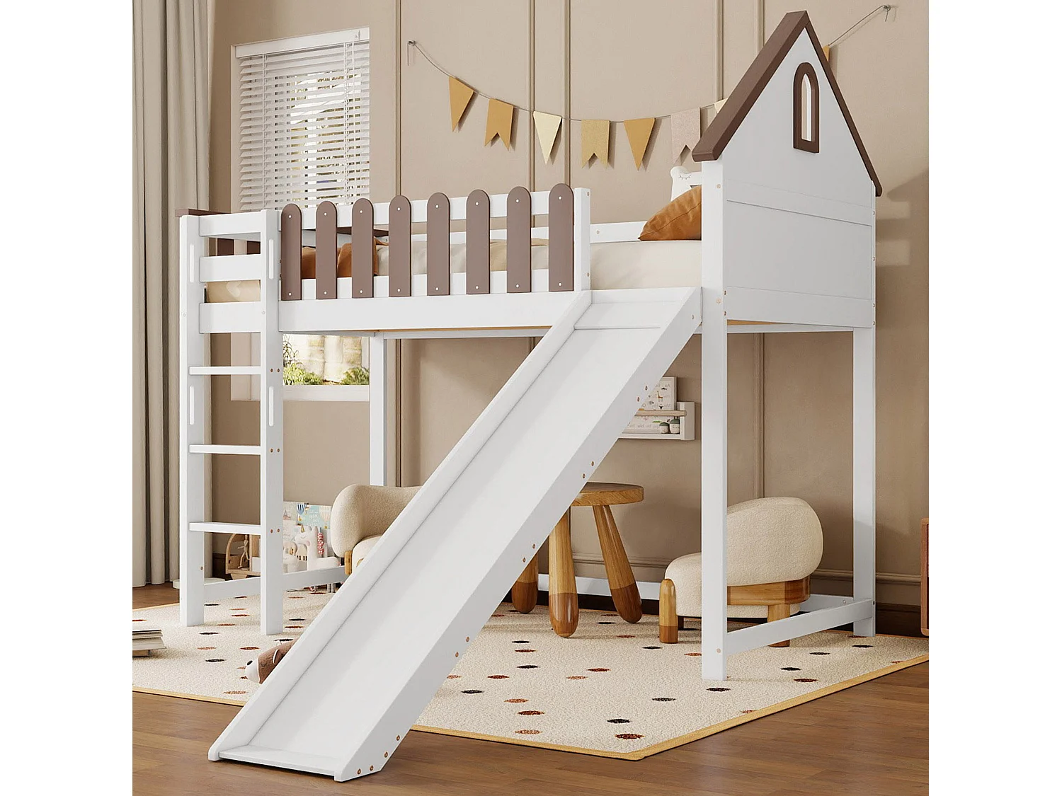 Łóżko piętrowe dla dzieci - 90 x 200 cm - z dachem + okno + zjeżdżalnia - sosna + MDF - białe 4153368 - obrazek 1