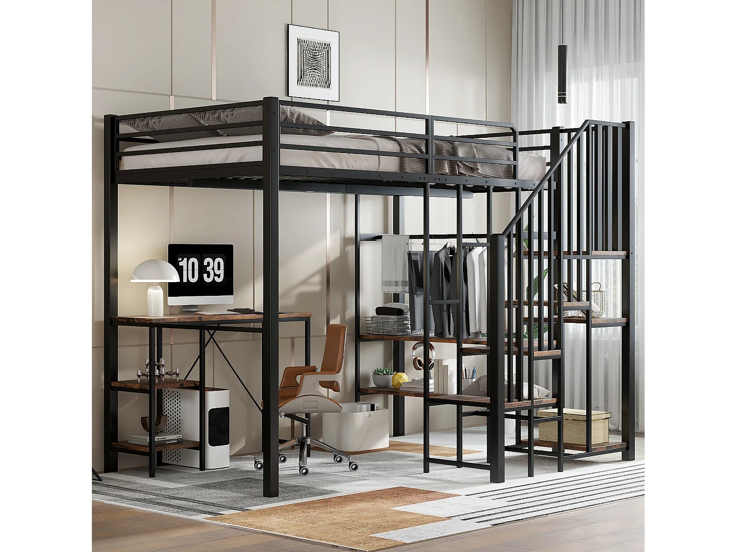 Łóżko piętrowe dla dzieci - 120 x 200 cm - drabinka narożna ze schowkiem + stolik i półka - metal + płyta MDF - czarne 4153377 - obrazek 1