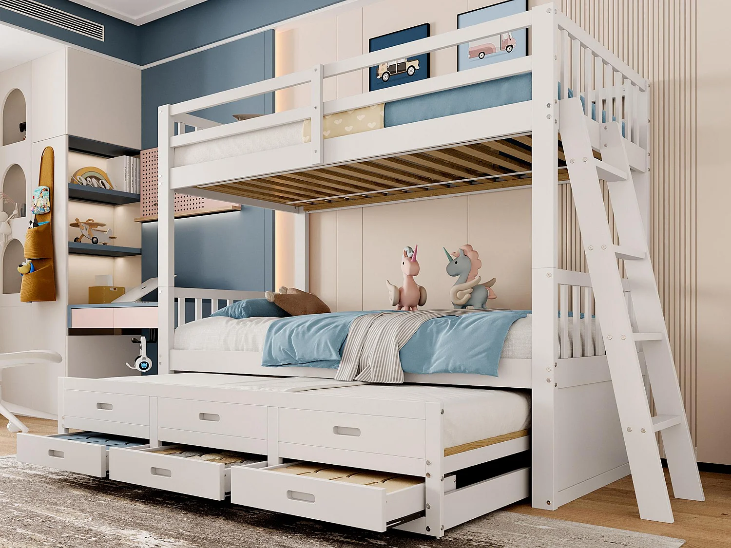 Łóżko piętrowe 90x200cm – z łóżkiem wysuwanym i 3 szufladami – z litego drewna sosnowego i MDF – Białe 1402231
