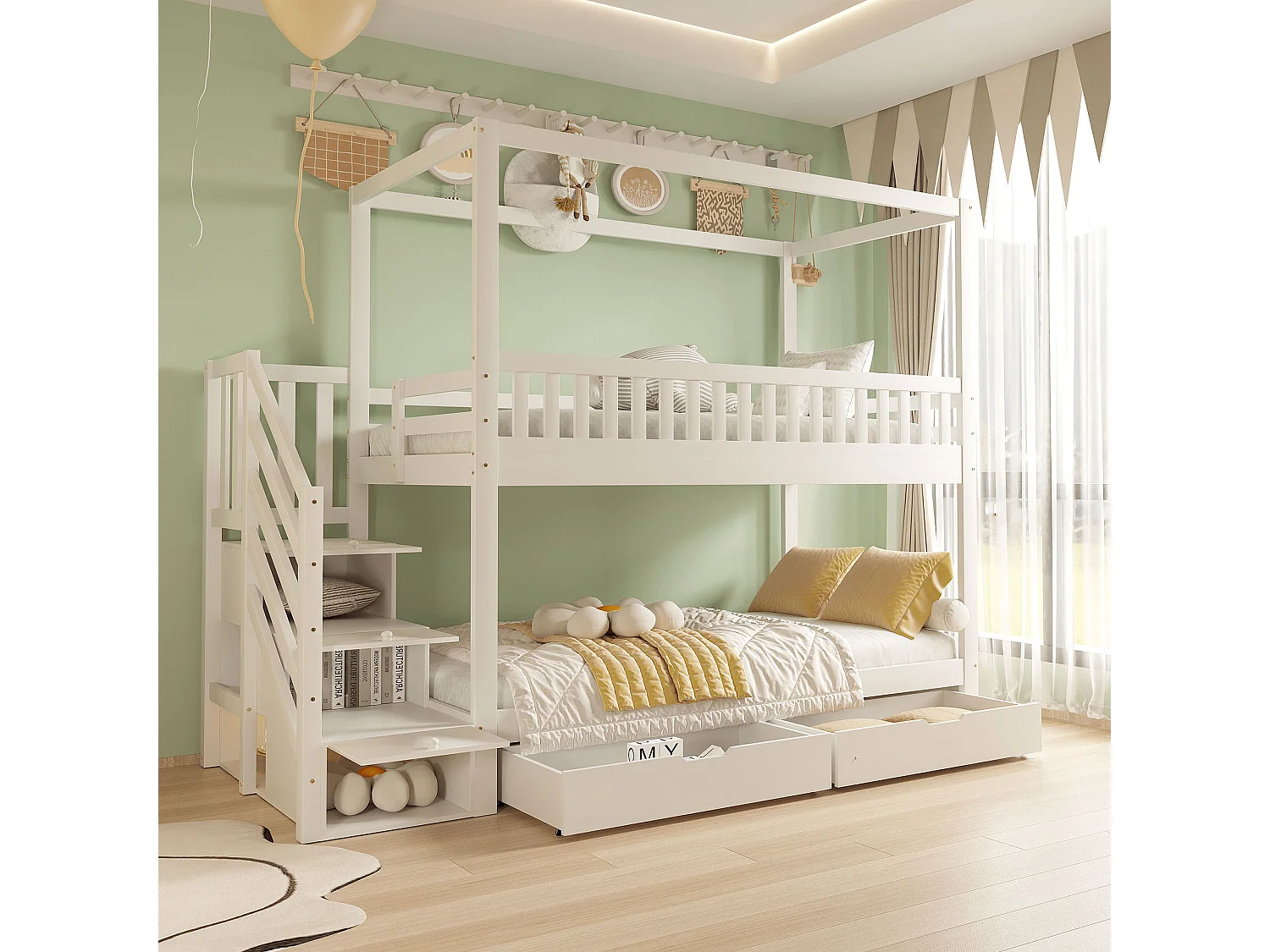 Łóżko piętrowe dla dzieci - 3 schowki w schodach + 2 szuflady - drewno - białe 4157069 - obrazek 1