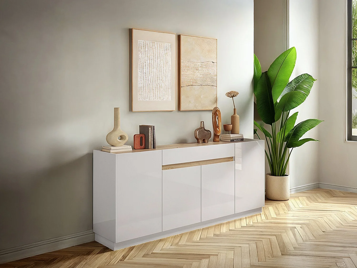 Komoda 4-drzwiowa z 1 szufladą - Biały i Naturalny - EMORA 3775988 - obrazek 1