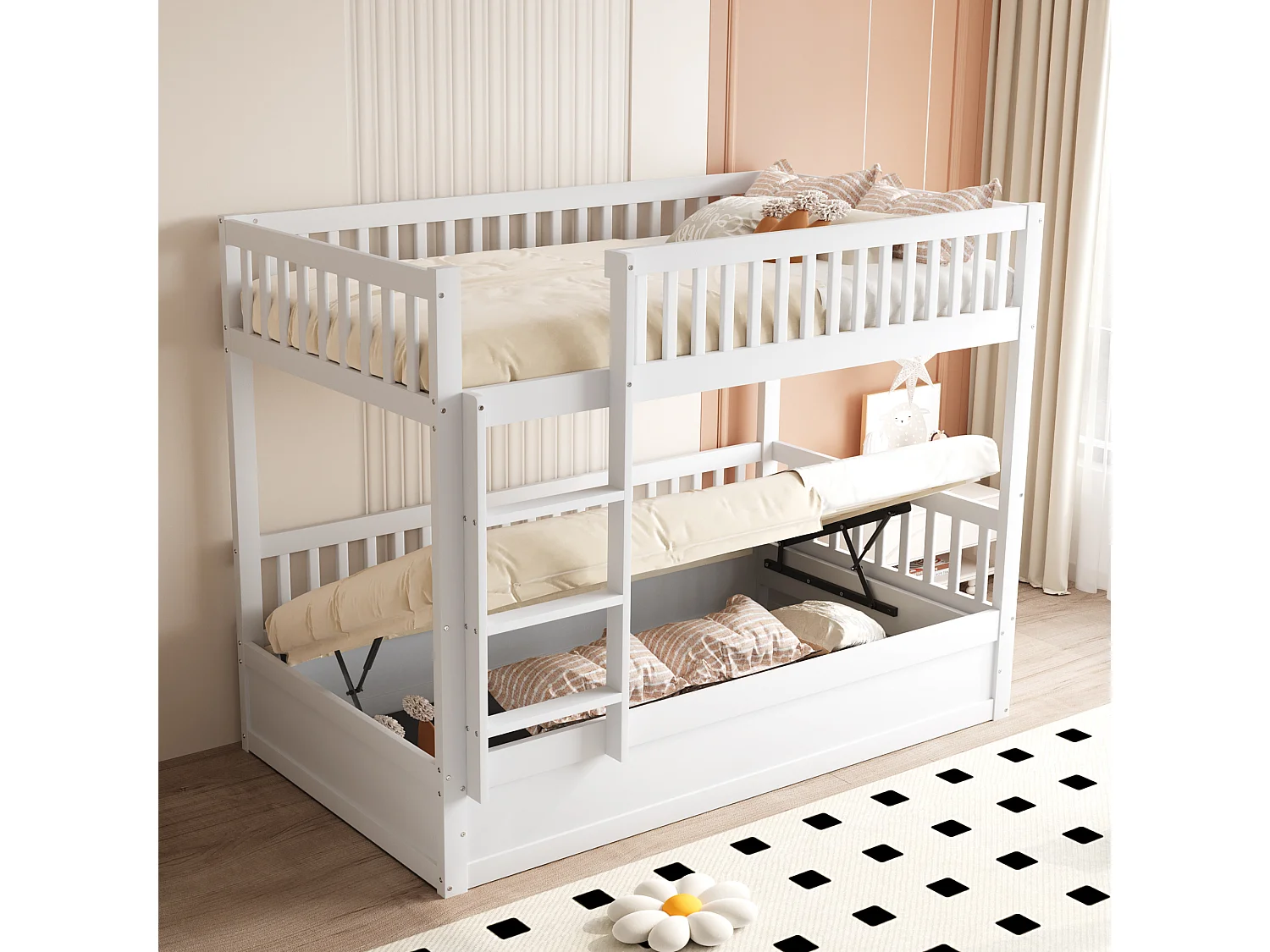 Łóżko piętrowe dla dzieci - 2 x 90 x 200 cm - z hydraulicznym schowkiem - Solidne i trwałe - Sosna + Sklejka + MDF - Białe 4171505 - obrazek 1