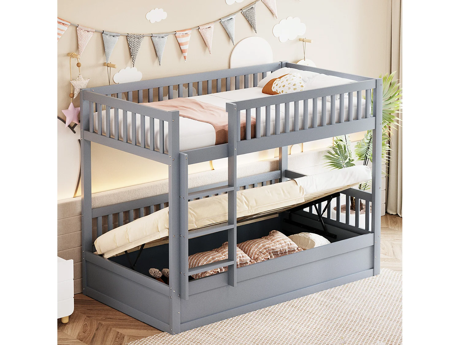 Łóżko piętrowe dla dzieci - 2 x 90 x 200 cm - z hydraulicznym schowkiem - Solidne i trwałe - Sosna + Sklejka + MDF - Szare 4171506 - obrazek 1