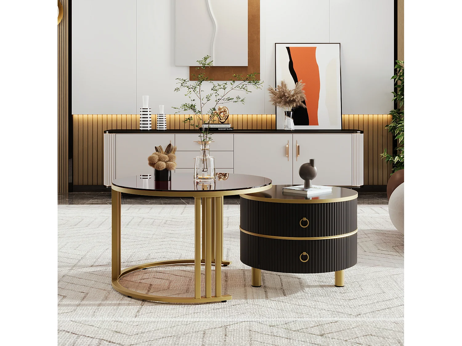 2 w 1 okrągły stolik kawowy – 70 x 70 x 46 cm + 50 x 50 x 40 cm – Kombinacja stolików kawowych z 2 szufladami – MDF – czarny 4171511