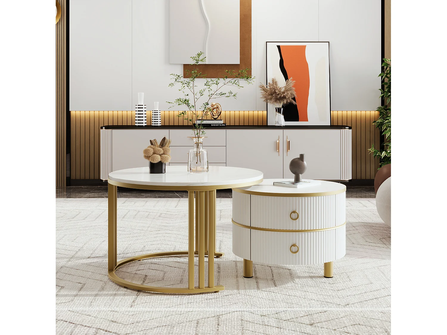 2 w 1 okrągły stolik kawowy – 70 x 70 x 46 cm + 50 x 50 x 40 cm – kombinacja stolików do salonu z 2 szufladami – MDF – biały 4171513