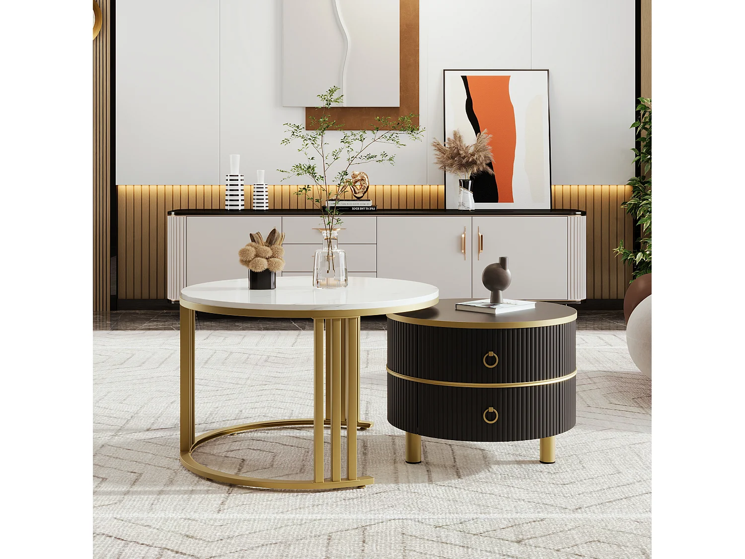 2 w 1 okrągły stolik kawowy – 70 x 70 x 46 cm + 50 x 50 x 40 cm – Kombinacja stolików kawowych z 2 szufladami – MDF – czarny 4171514