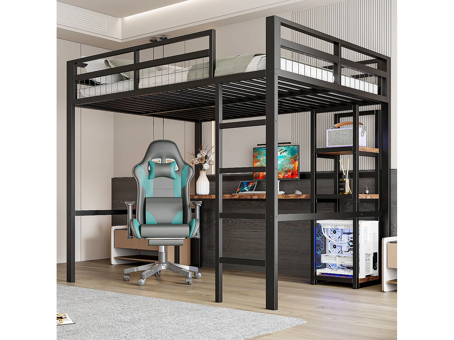 Łóżko piętrowe dla dzieci - 140 x 200 cm - z półkami do przechowywania + biurkiem z gniazdkiem + USB - Metal + MDF - czarny 4171607 - obrazek 1